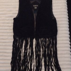Black Genuine Leather Fringe Vest Women L Southwest Western Boho Vintage Festiva